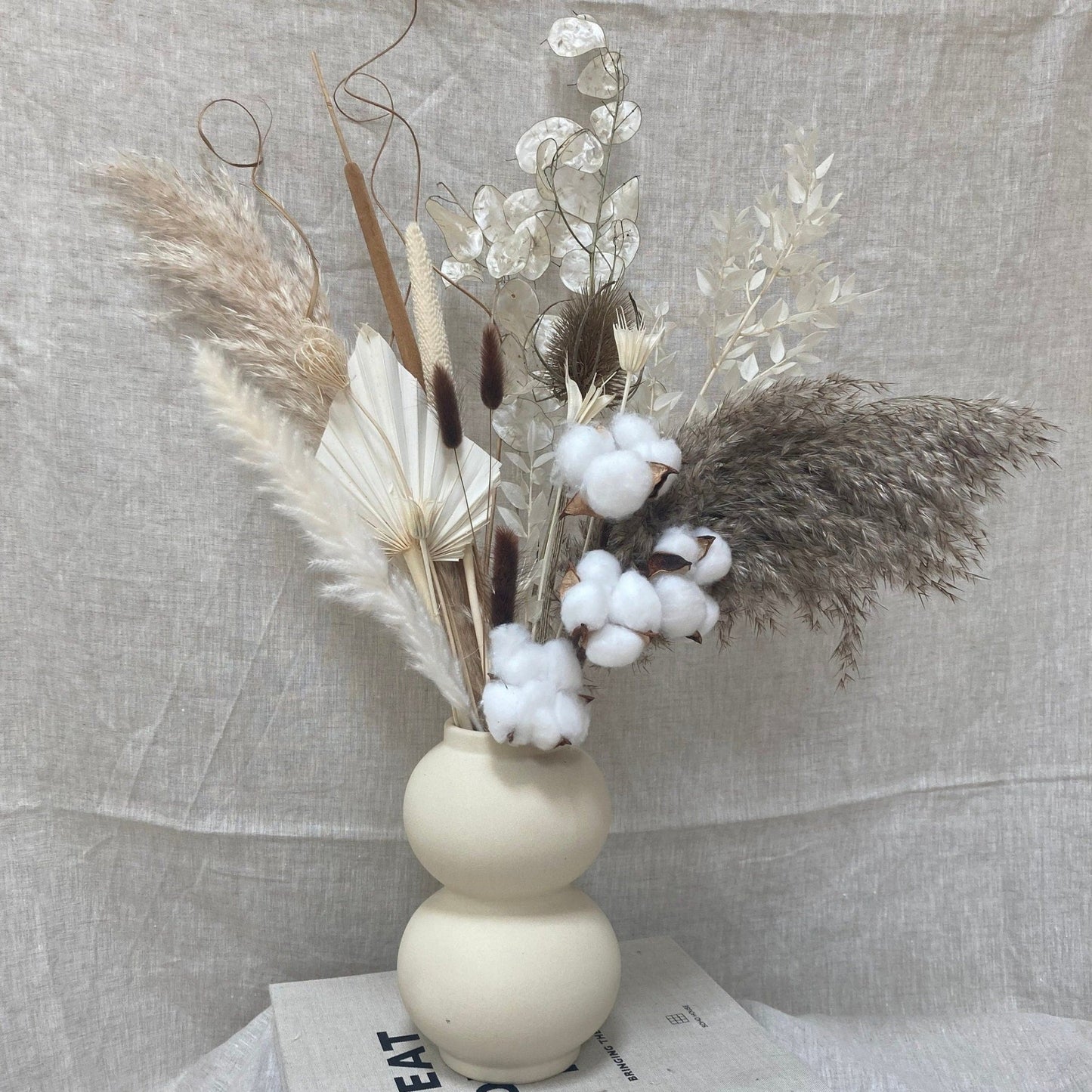 Boho Mix Dried Flower Bouquet with Cotton Stem - 65cm - Norfolk Pampas