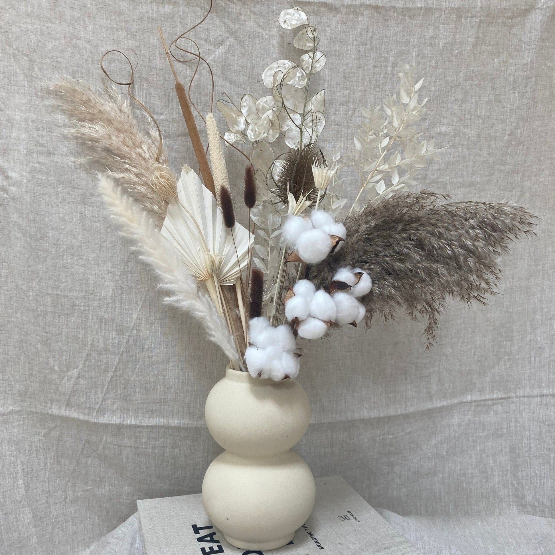 Boho Mix Dried Flower Bouquet with Cotton Stem - 65cm - Norfolk Pampas