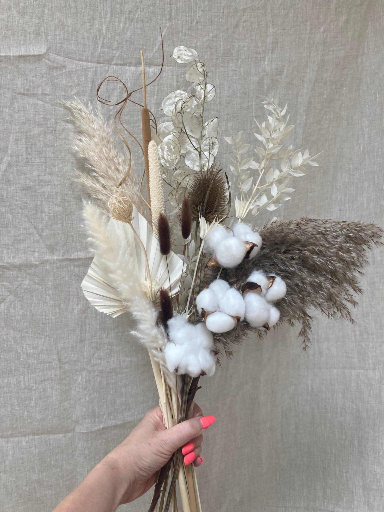 Boho Mix Dried Flower Bouquet with Cotton Stem - 65cm - Norfolk Pampas