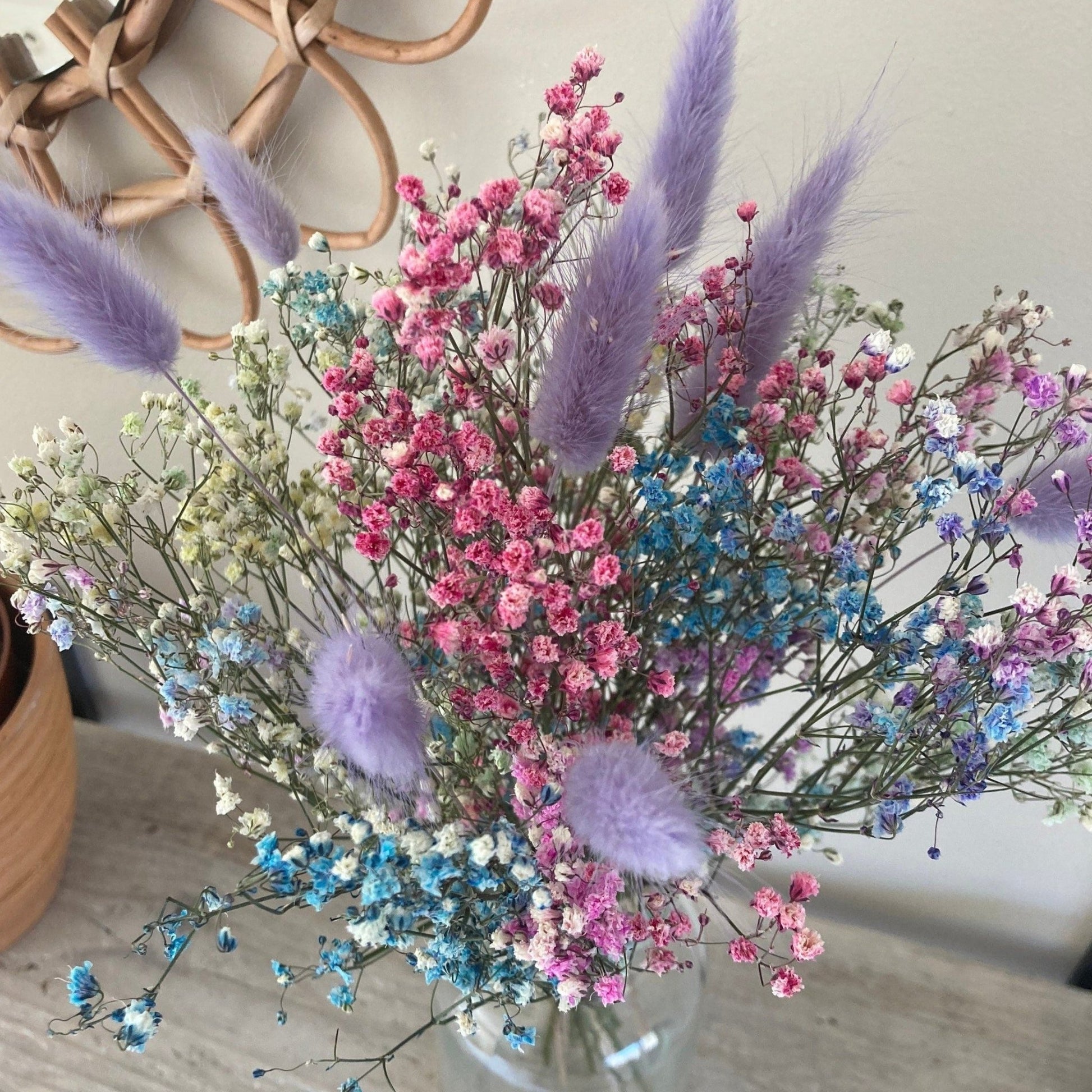 Preserved Pastel Rainbow Gypsophila bouquet with Lavender Bunny Tails - 38cm - Norfolk Pampas