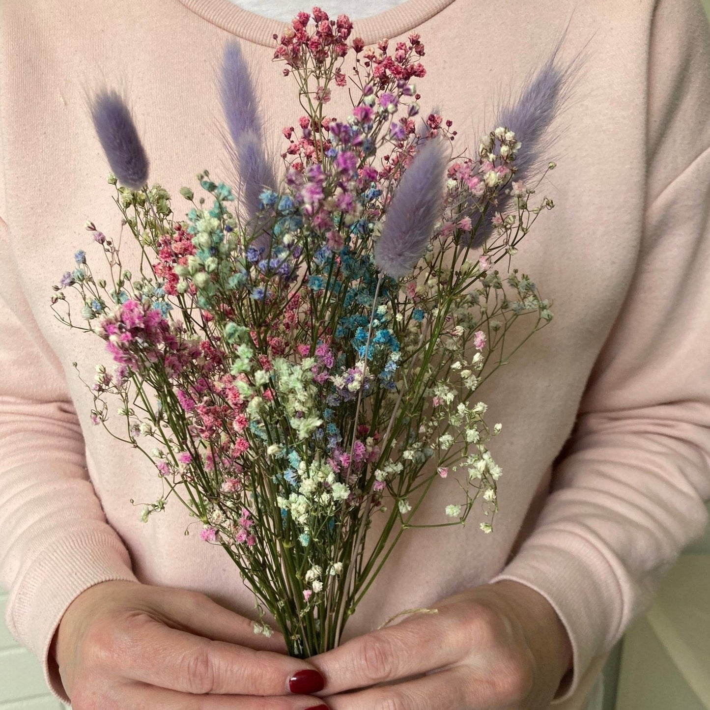 Preserved Pastel Rainbow Gypsophila bouquet with Lavender Bunny Tails - 38cm - Norfolk Pampas