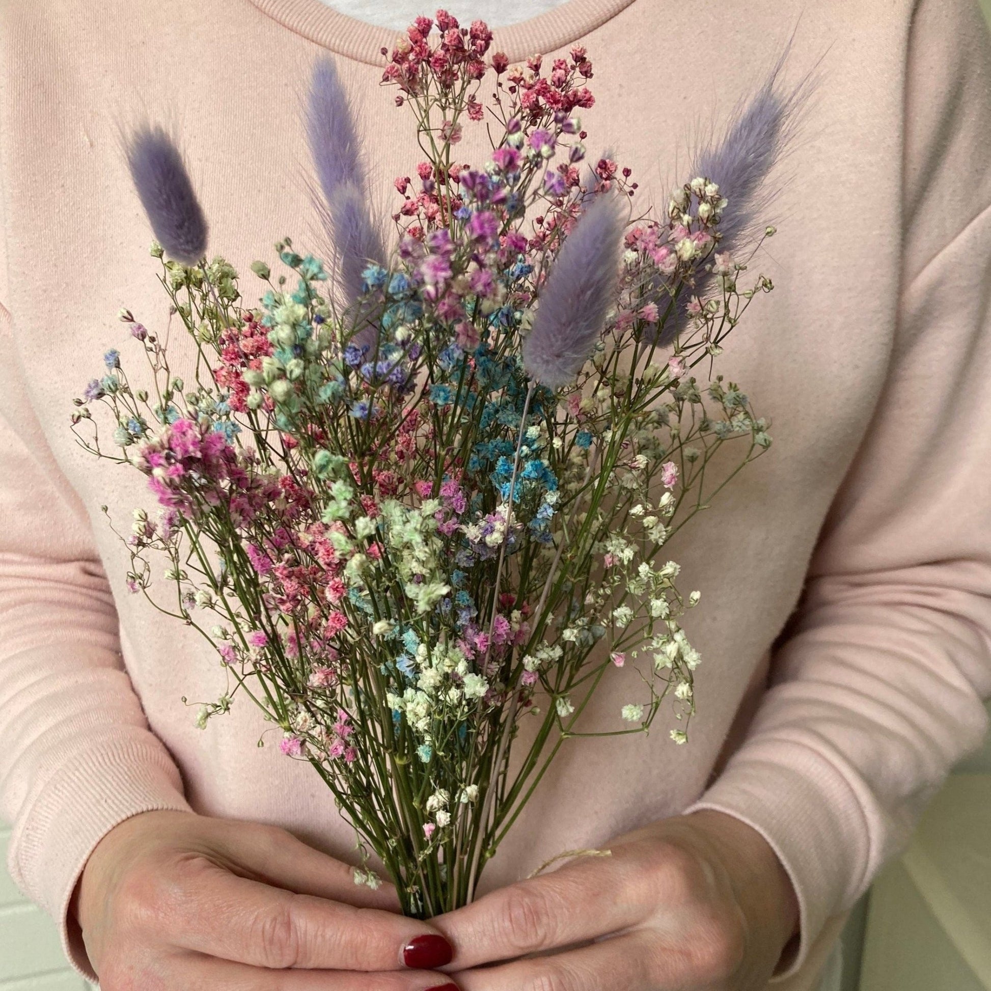 Preserved Pastel Rainbow Gypsophila bouquet with Lavender Bunny Tails - 38cm - Norfolk Pampas