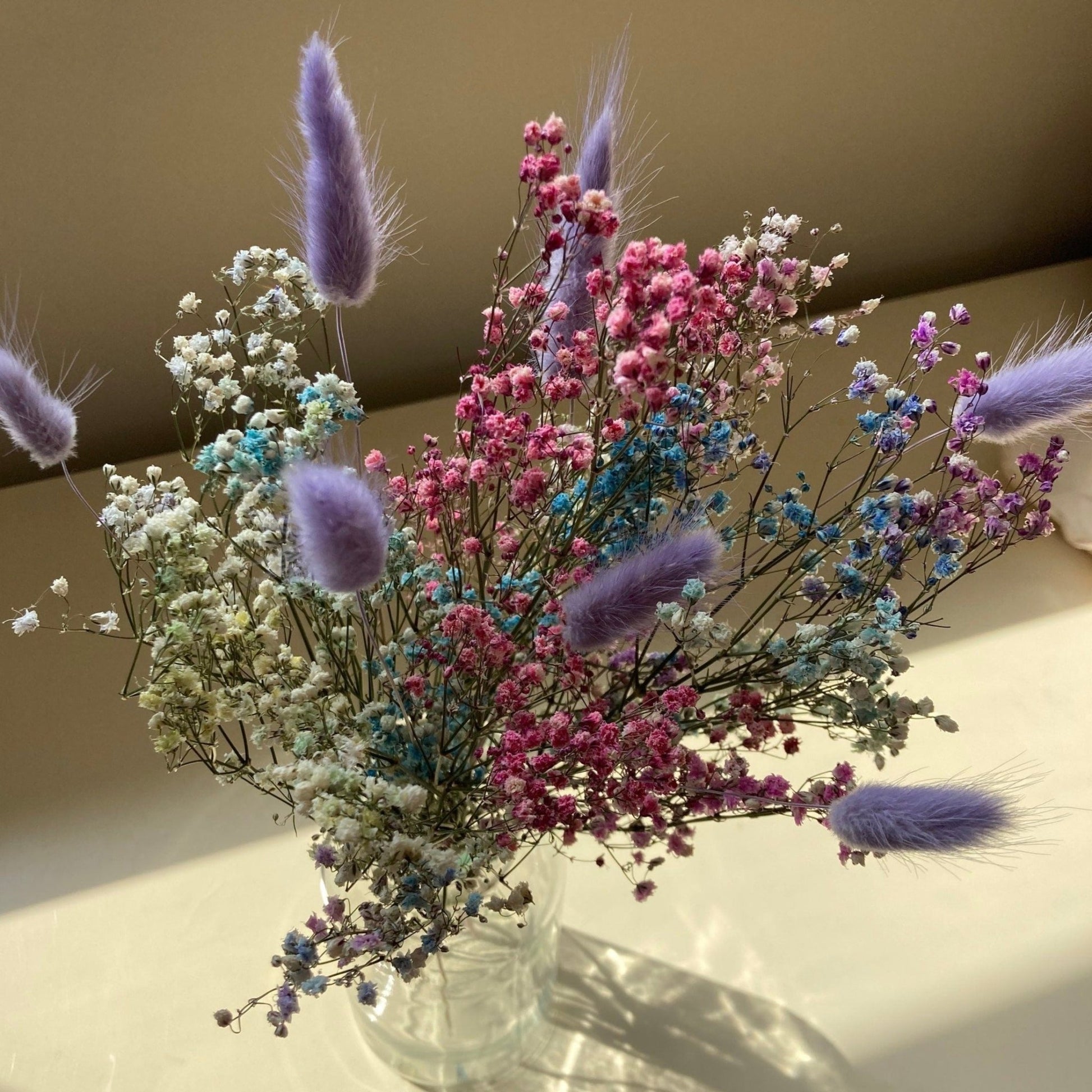 Preserved Pastel Rainbow Gypsophila bouquet with Lavender Bunny Tails - 38cm - Norfolk Pampas