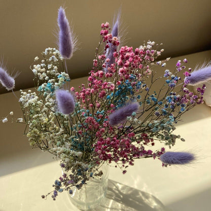 Preserved Pastel Rainbow Gypsophila bouquet with Lavender Bunny Tails - 38cm - Norfolk Pampas