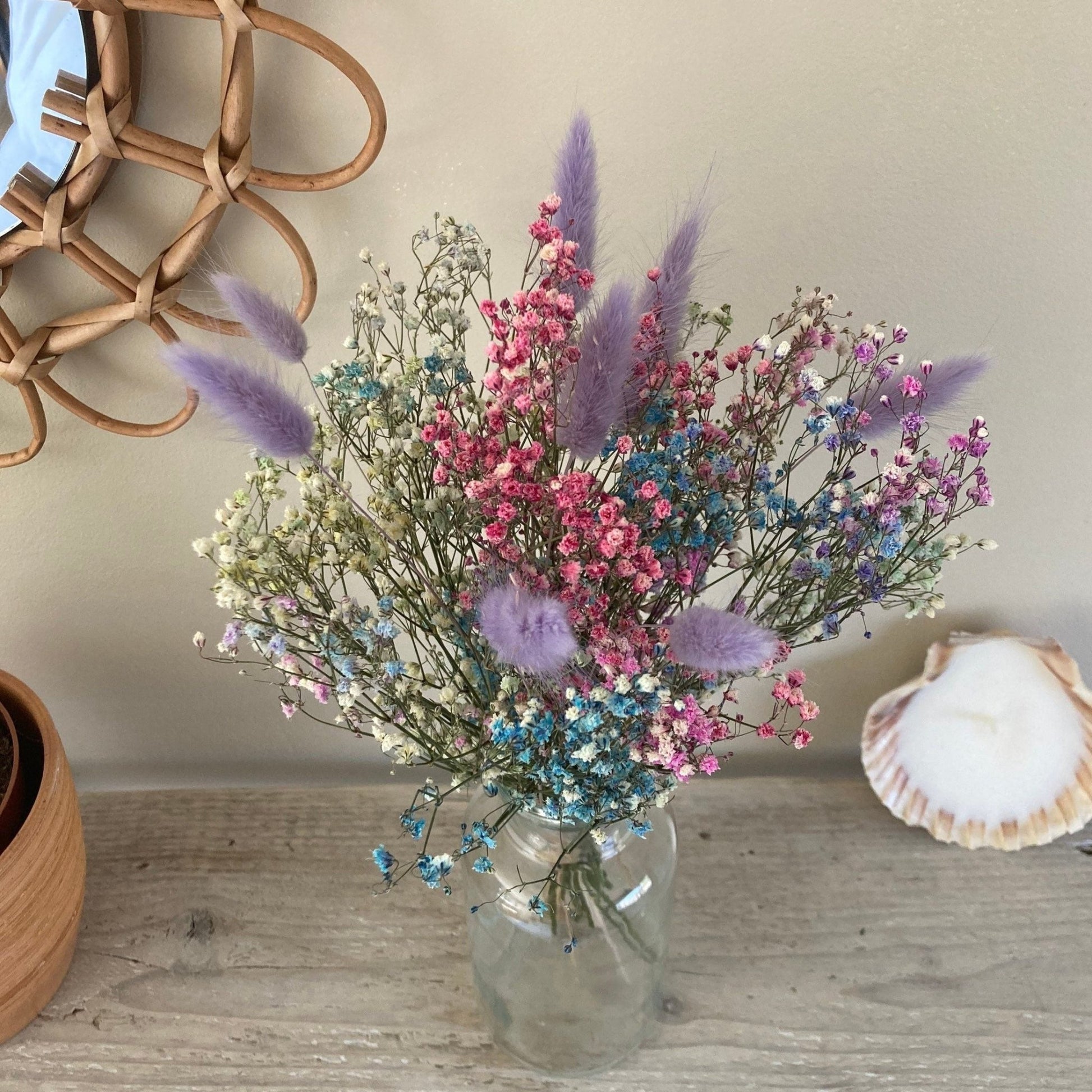 Preserved Pastel Rainbow Gypsophila bouquet with Lavender Bunny Tails - 38cm - Norfolk Pampas