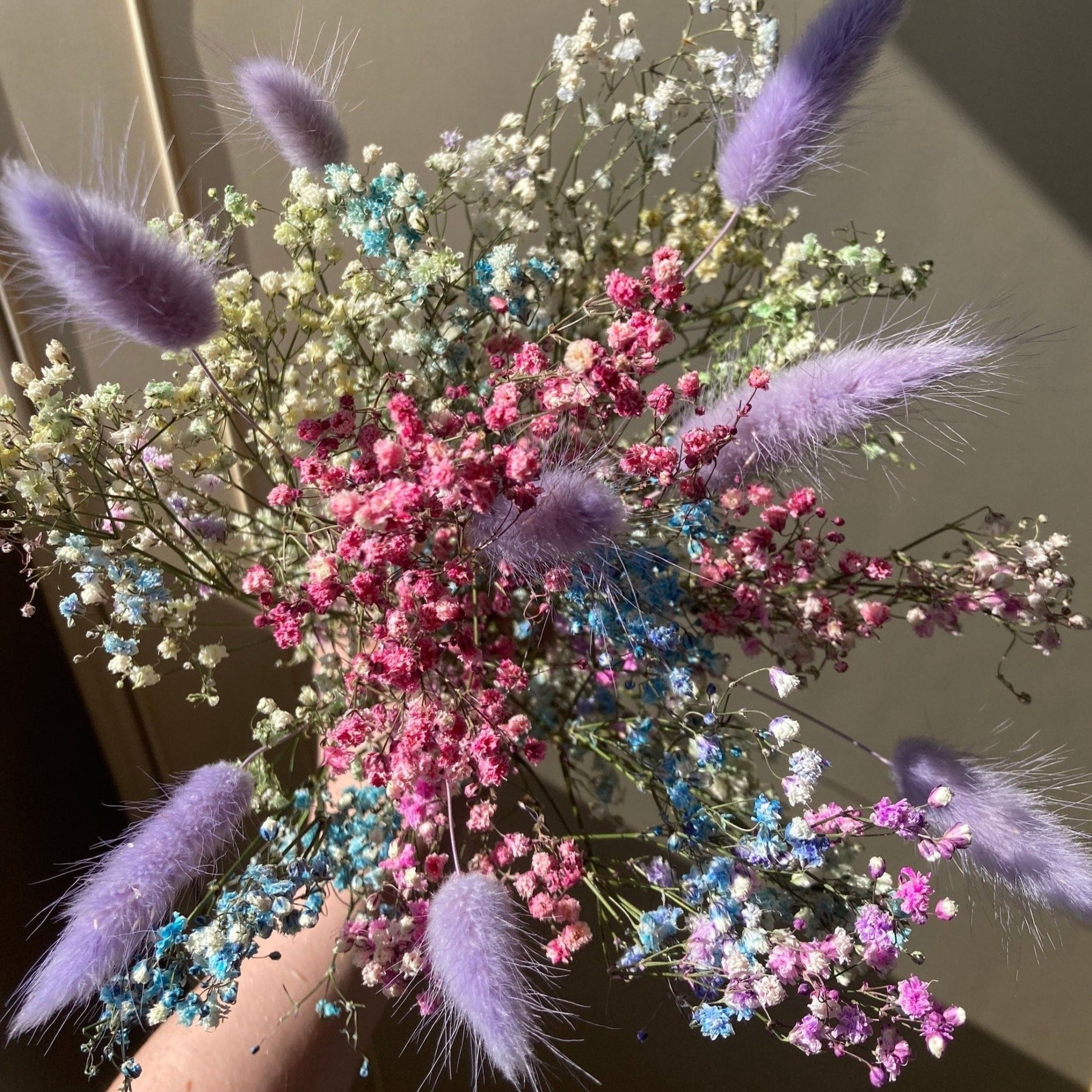 Preserved Pastel Rainbow Gypsophila bouquet with Lavender Bunny Tails - 38cm - Norfolk Pampas