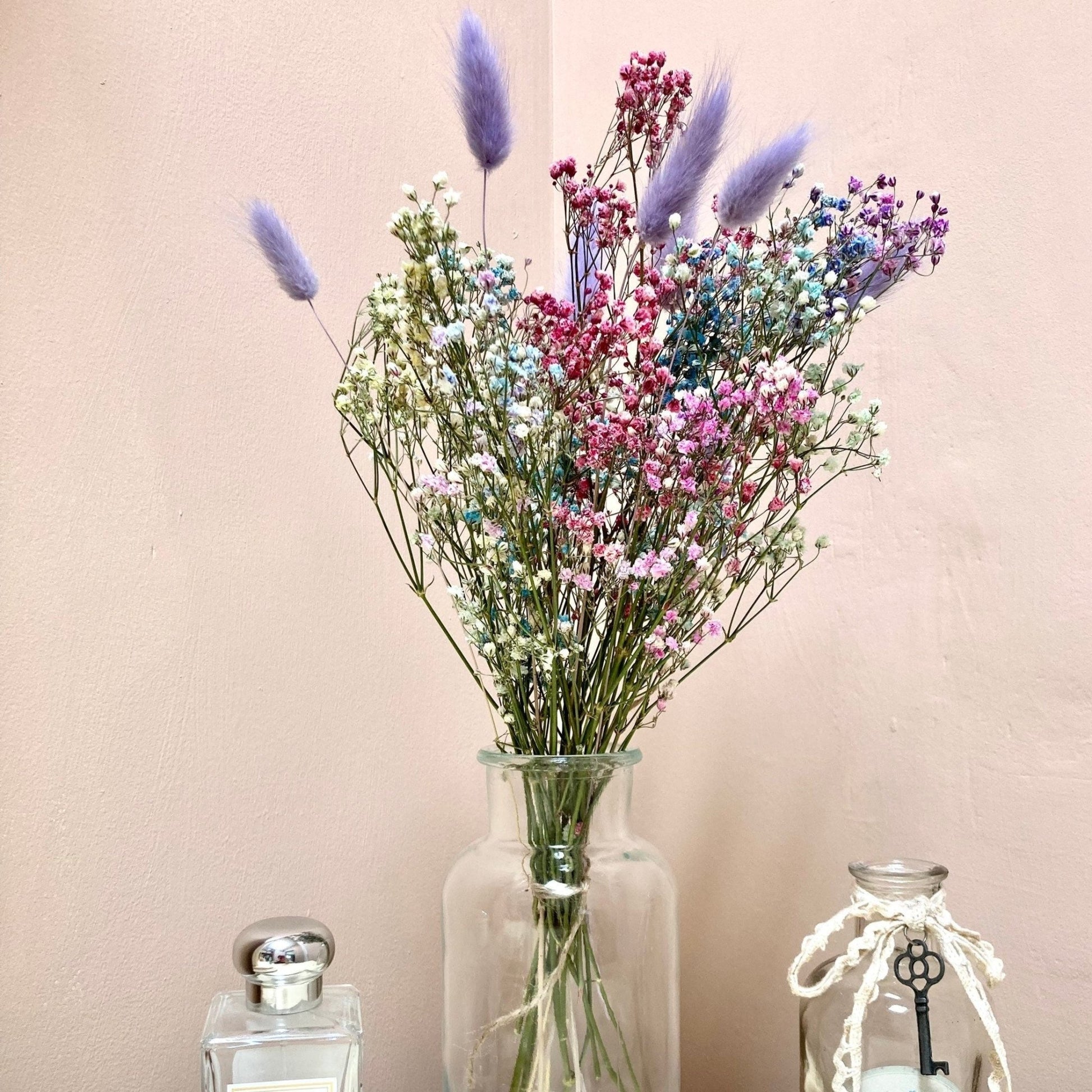 Preserved Pastel Rainbow Gypsophila bouquet with Lavender Bunny Tails - 38cm - Norfolk Pampas