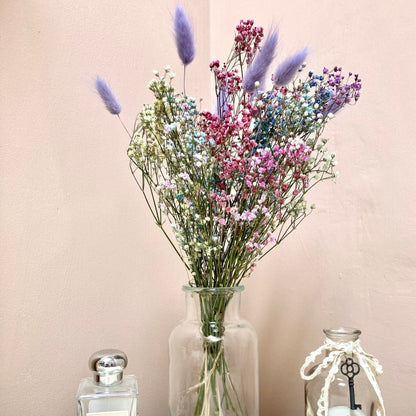 Preserved Pastel Rainbow Gypsophila bouquet with Lavender Bunny Tails - 38cm - Norfolk Pampas